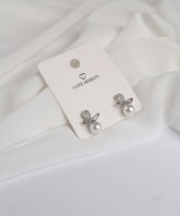 Silver Ribbon Bow Pearl Studs Earrings