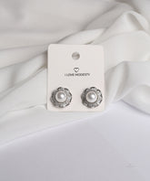 Silver Crystal Bloom Pearl Stud Earrings