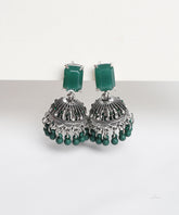 Bottle Green Stone Silver Stud Jhumka Earrings