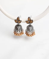 Caramel Beads Silver Stud Jhumka Earrings