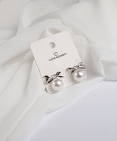 Silver Pearl Bow Stud Earrings