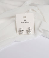 Silver Crystal Bow Pearl Stud Earrings