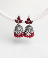 Dark Red Beads Silver Stud Jhumka Earrings