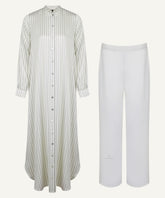 Sage Vertical Stripe Button-Down Shirt with White Trousers