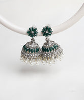 Emerald Green Stone Silver Stud Jhumka Earrings