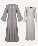Light Taupe Embroidered Cardigan Abaya Set