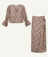 Mocha Lace Tie Front Top with Wrap Skirt Matching Set