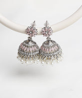 Soft Pink Stone Silver Stud Jhumka Earrings