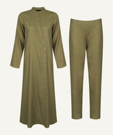 Olive Green Wrap Button-Down Midi-Length Matching Set