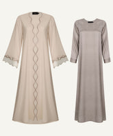 Warm Beige Embroidered Scallop cardigan Set