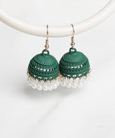 Matte Bottle Green Pearl Dome Jhumka Earrings