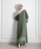 Embroidered Matte Green A-line Dress