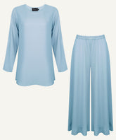 Powder Blue Short-Length Shirt with Flared Trousers Matching Set