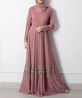 Delicate Mauve Wood Emb. Cut Panel Dress