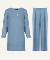 Steel Blue Pleated Neck Midi-Length Matching Set