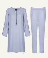 Steel Blue Contrast Piping Neck Midi-Length Matching Set