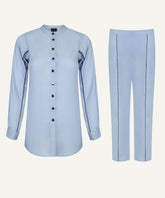 Blue Grey Contrast Piping Button Down Short-Length Matching Set