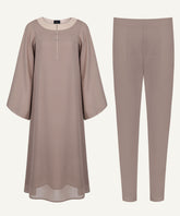 Light Taupe Contrast Neck Midi-Length Matching Set